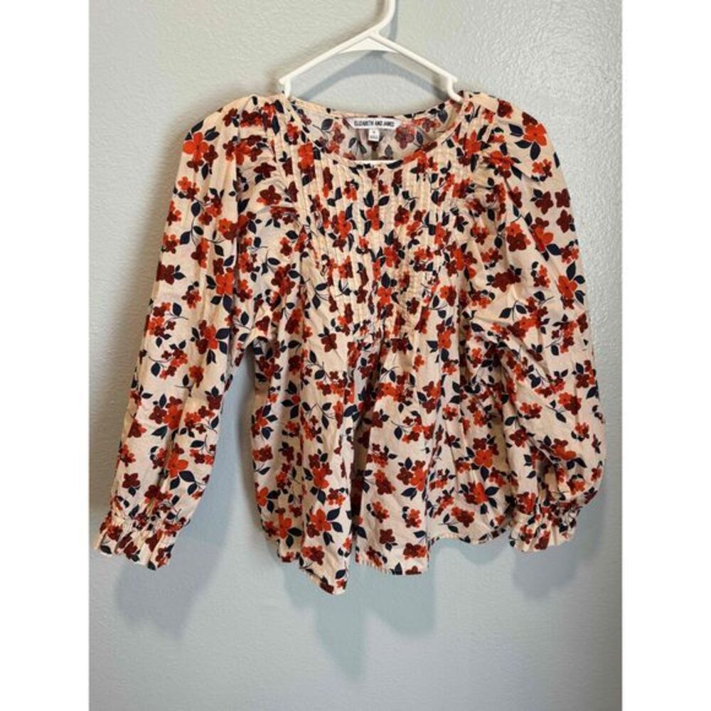 Elizabeth & James Beige Floral Ruffle Cuffs Pin Tuck Smocked Blouse Size 12